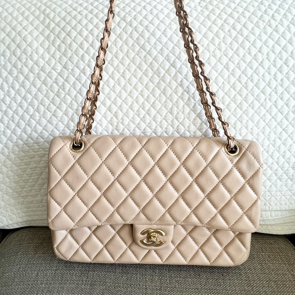 CHANEL Lambskin Quilted Jumbo Double Flap in Beige.